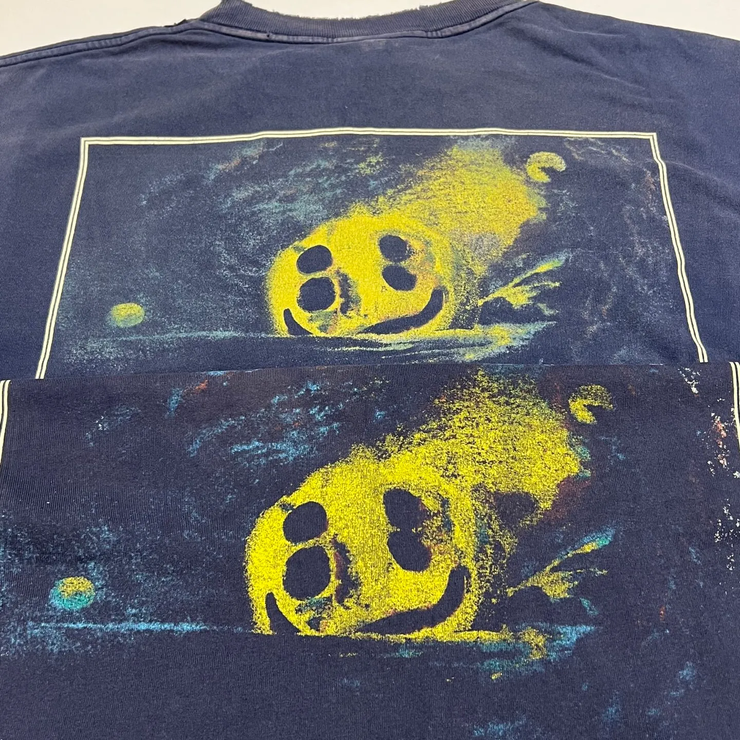 Printing proofing CACTUS PLANT FLEA MARKET x SAINT Mxxxxxx STAR SS TEE/NAVY New CPFM star smiley holed and distressed short sleeves Washed blue S-XL Genuine consistent tube weaving without side seams High weight OE yarn fabric Assute dyeing Multiple horse fades Heavy washing Water worn holes Customized joint main mark/wash mark/little angel anti-counterfeiting label